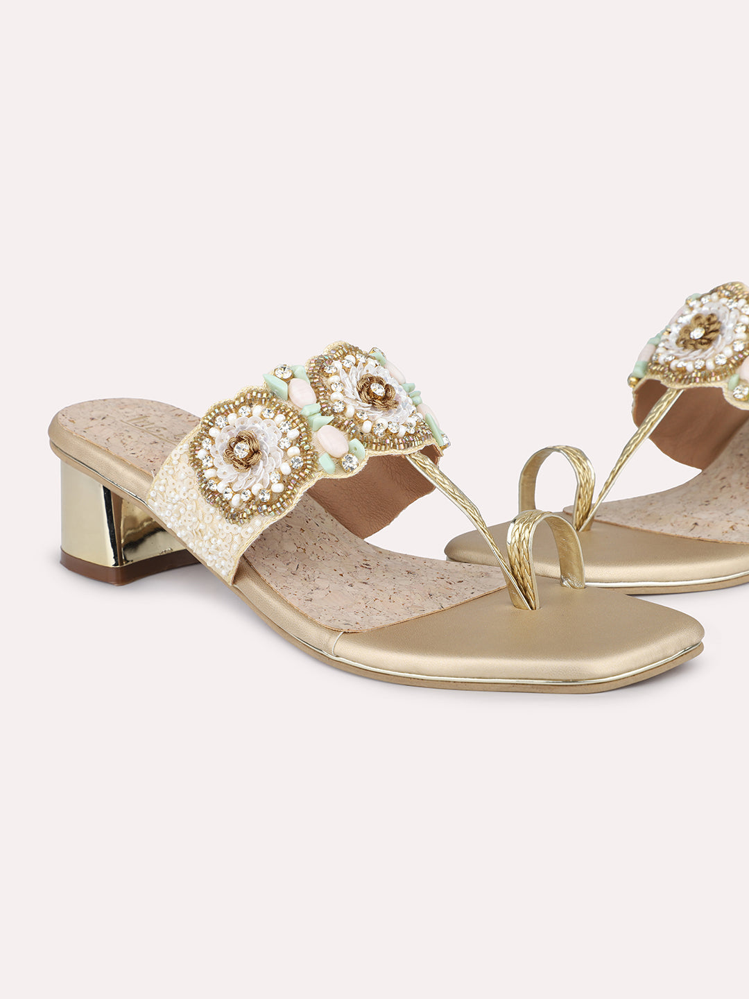 Women Gold Ethnic Embellished One-Toe Block Heels