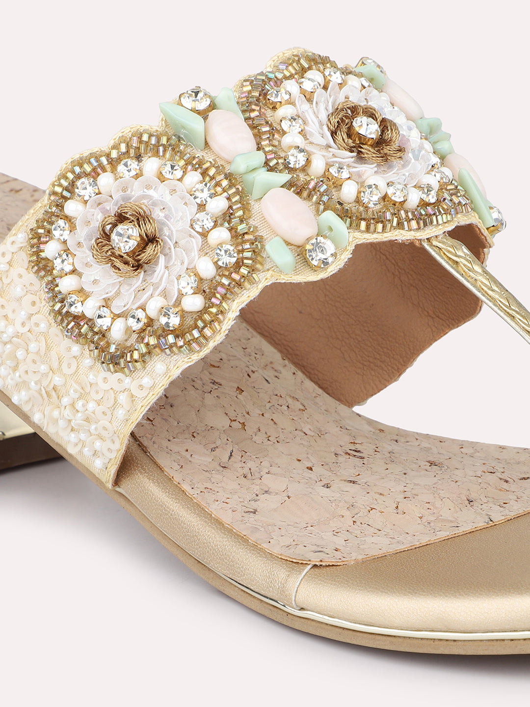 Women Gold Ethnic Embellished One-Toe Block Heels