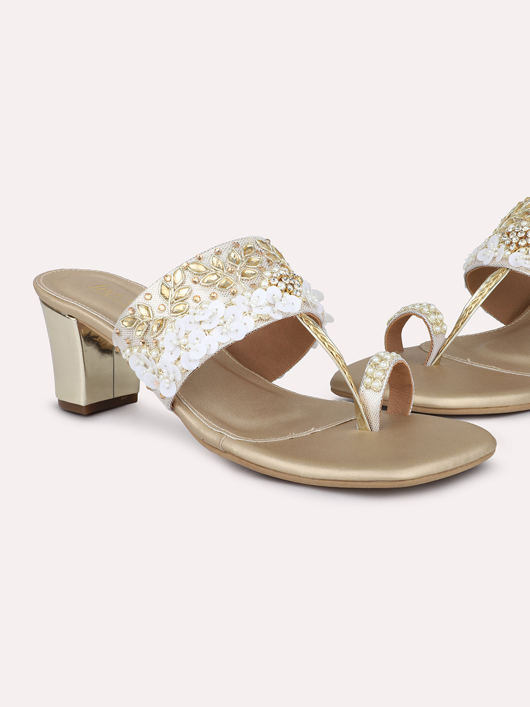 Women Gold Ethnic Embellished One Toe Block Heels