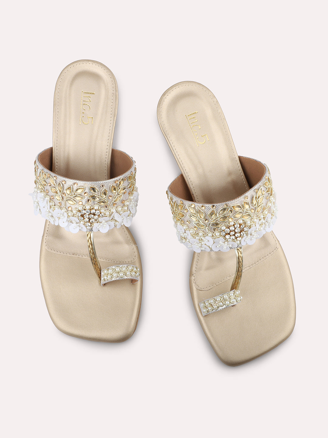 Women Gold Ethnic Embellished One Toe Block Heels