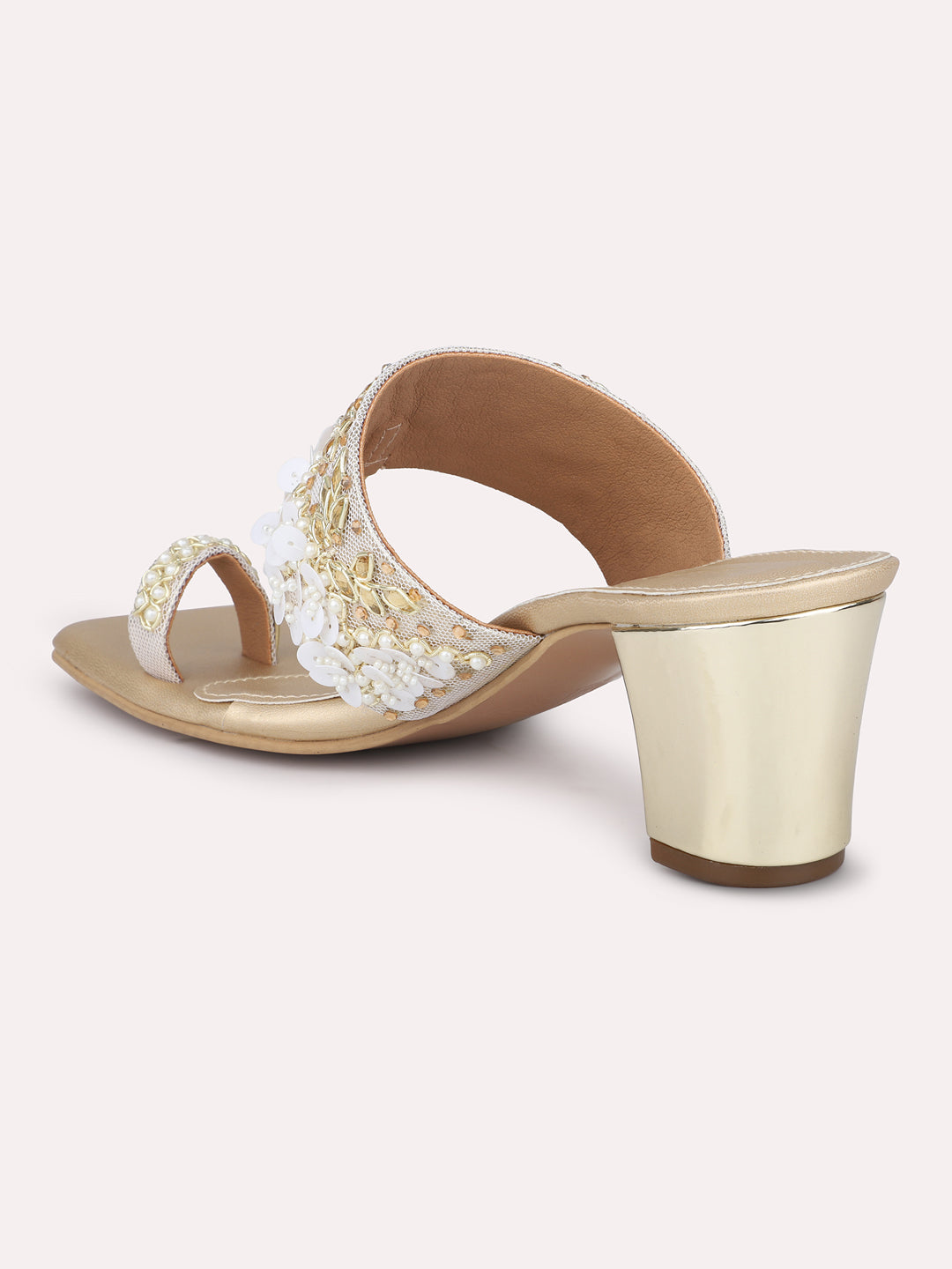 Women Gold Ethnic Embellished One Toe Block Heels