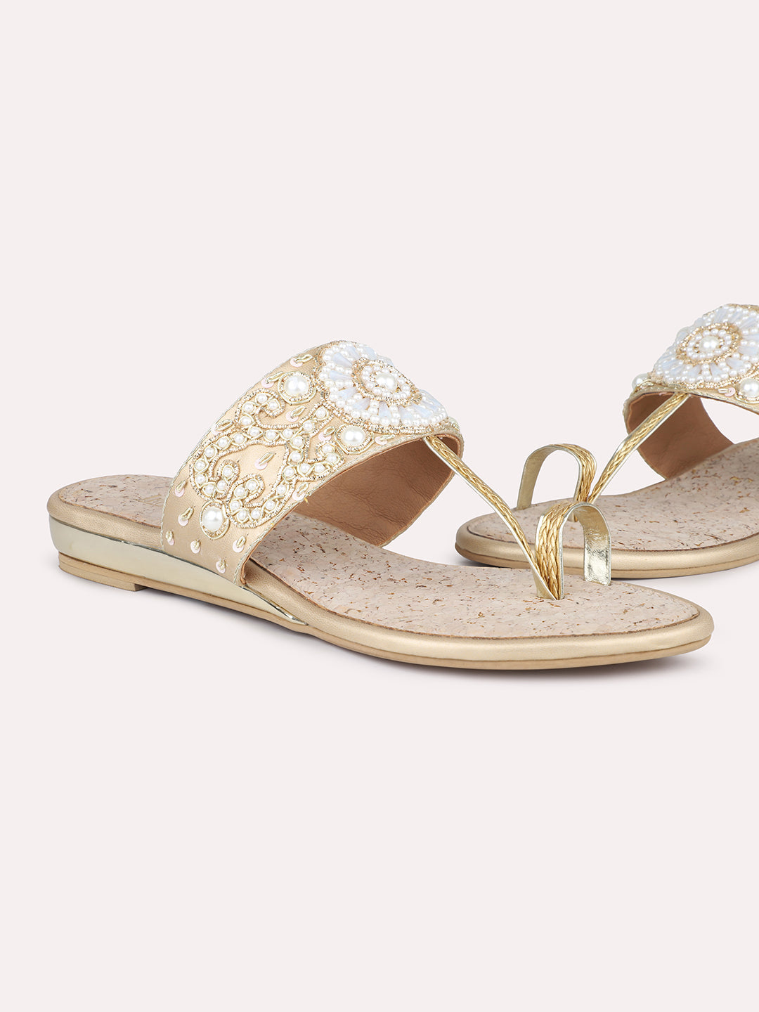 Women Gold Ethnic Embellished One Toe Flats