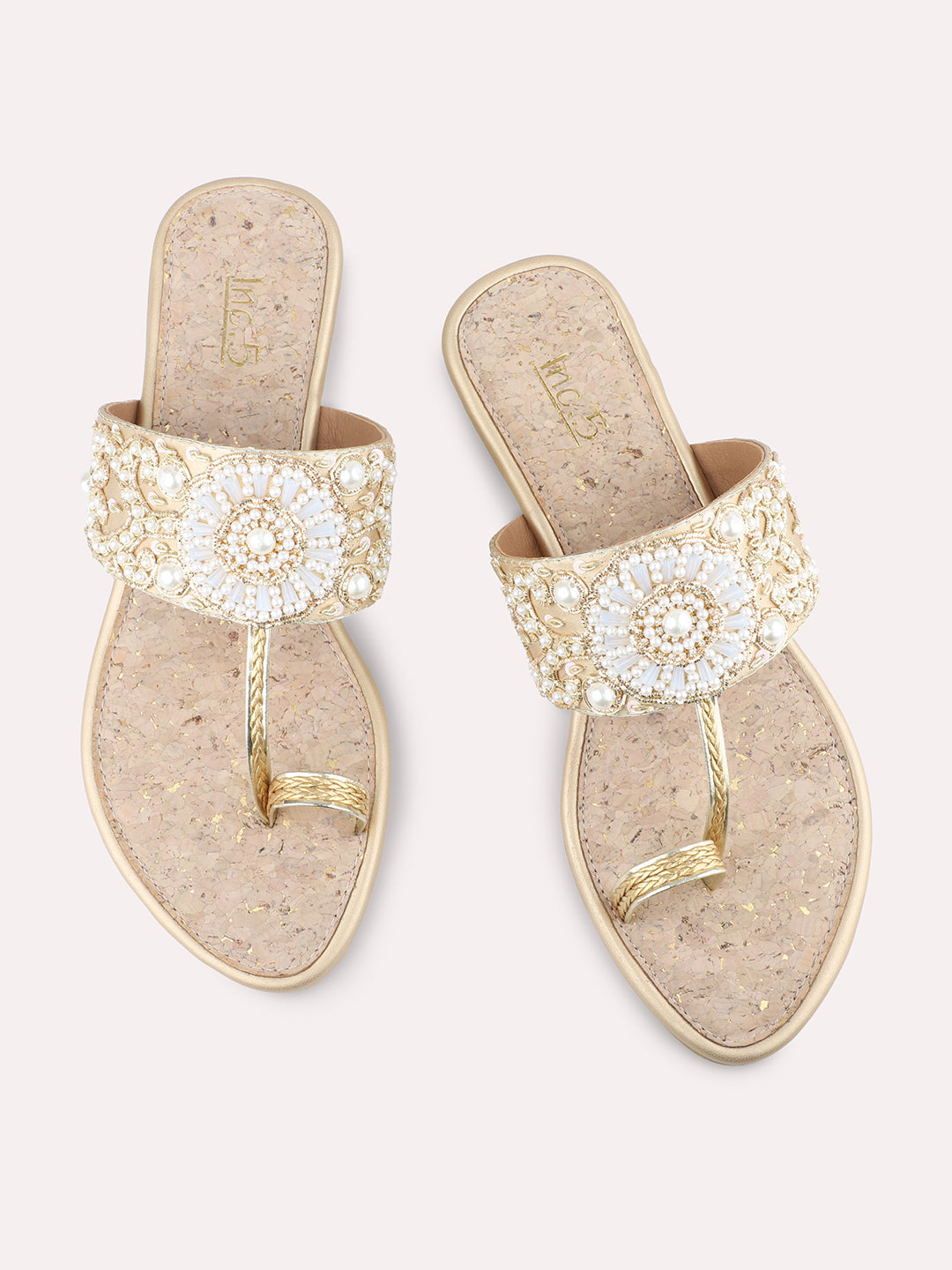 Women Gold Ethnic Embellished One Toe Flats