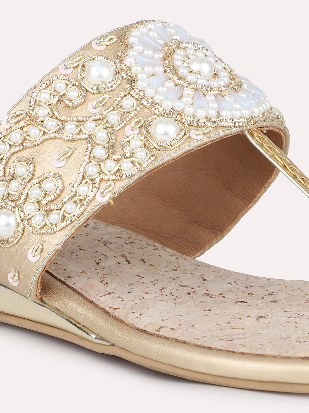 Women Gold Ethnic Embellished One Toe Flats