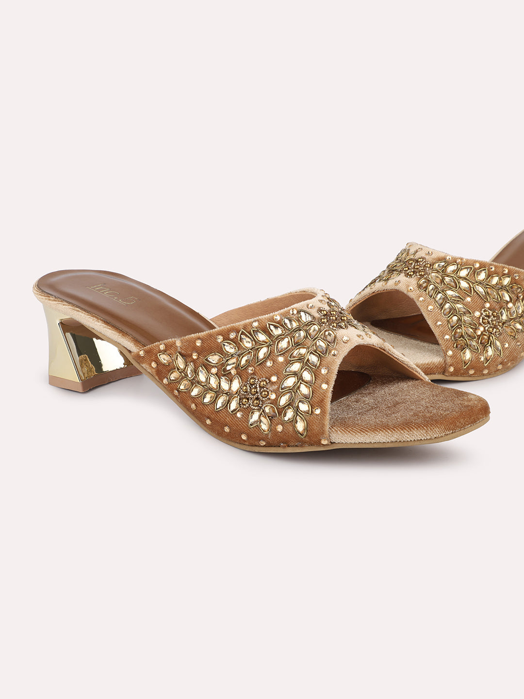 Women Beige Embellished Party Block Heels