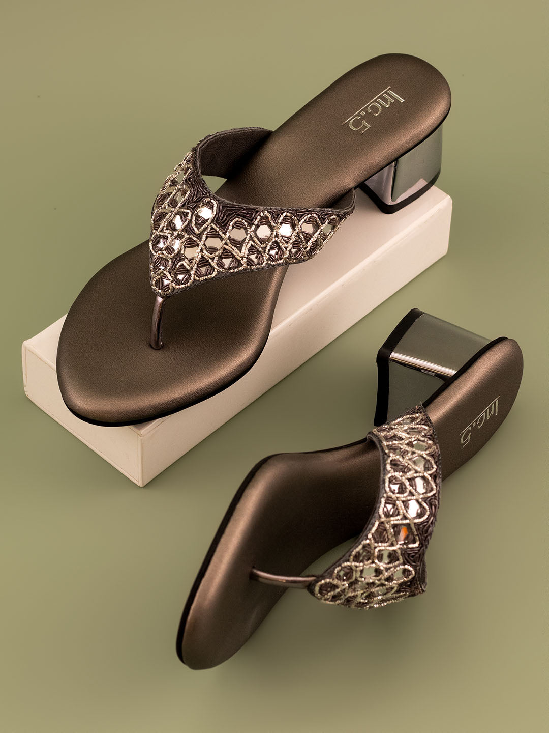 Women Pewter Embellished Ethnic Block Sandals Heels
