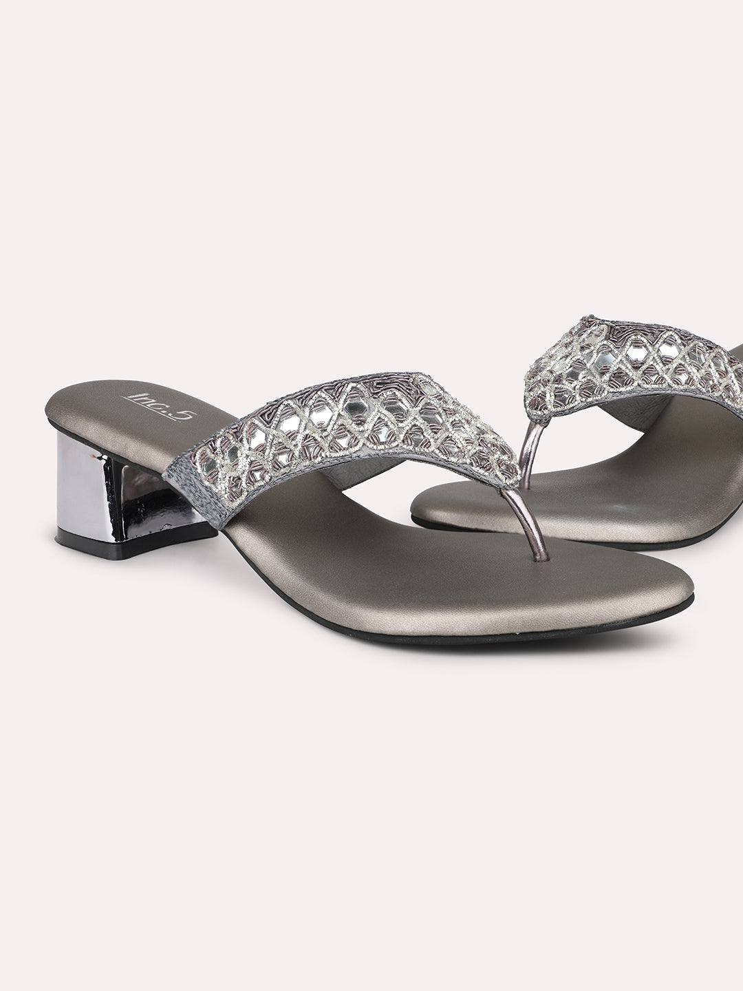 Women Pewter Embellished Ethnic Block Sandals Heels