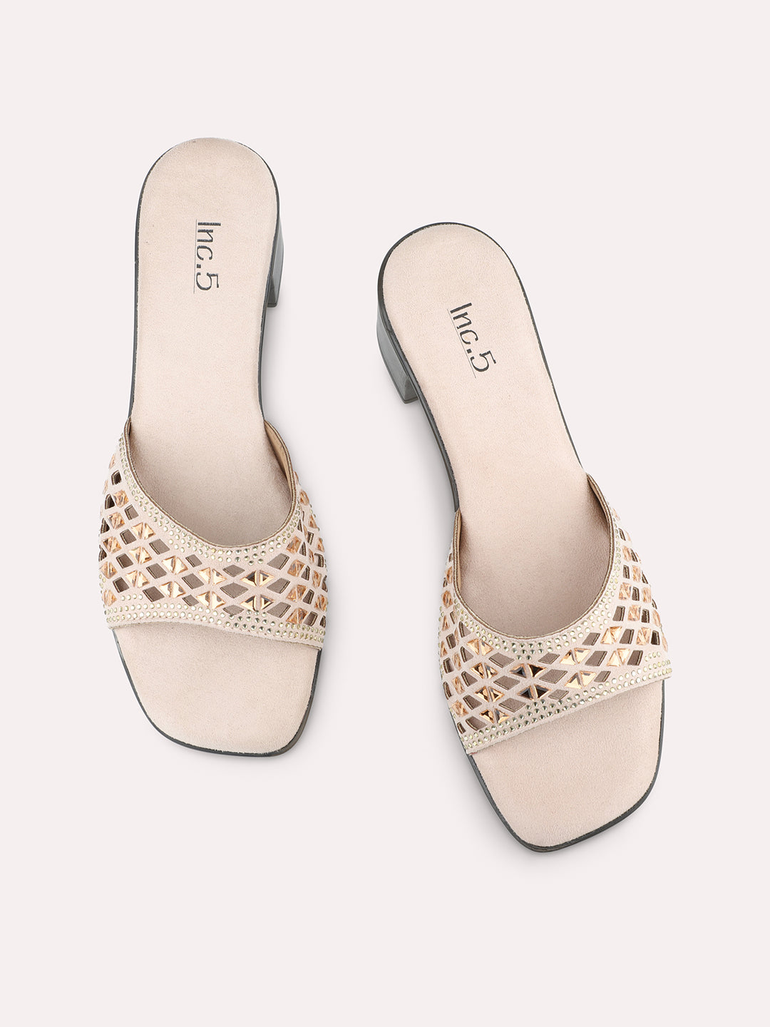 Women Beige Embellished Open Toe Block Heels