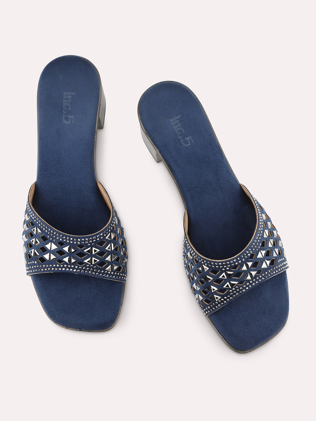 Women Navy Embellished Open Toe Block Heels