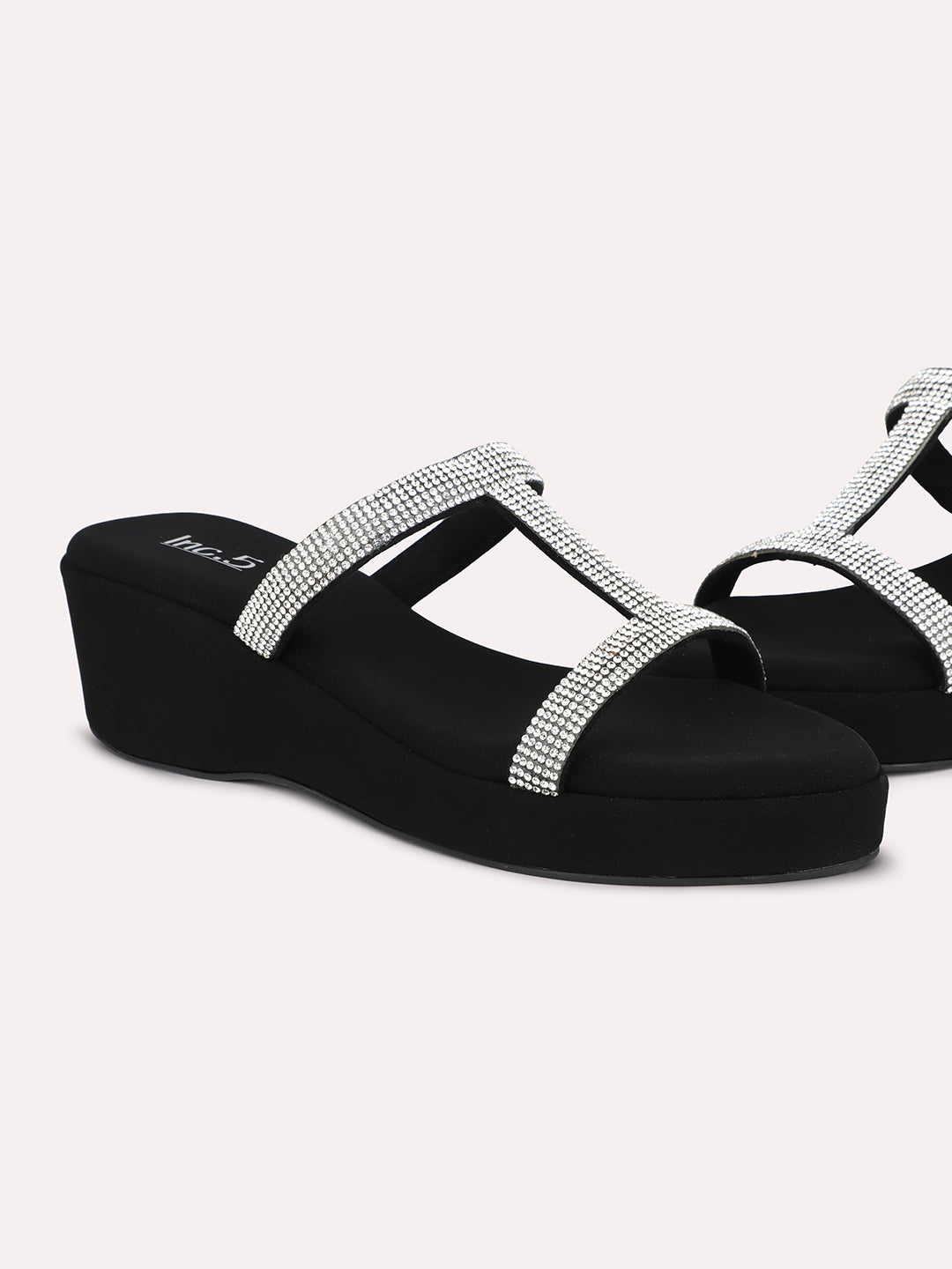 Women Silver-Toned & Black Embellished Open Toe Wedge Heels