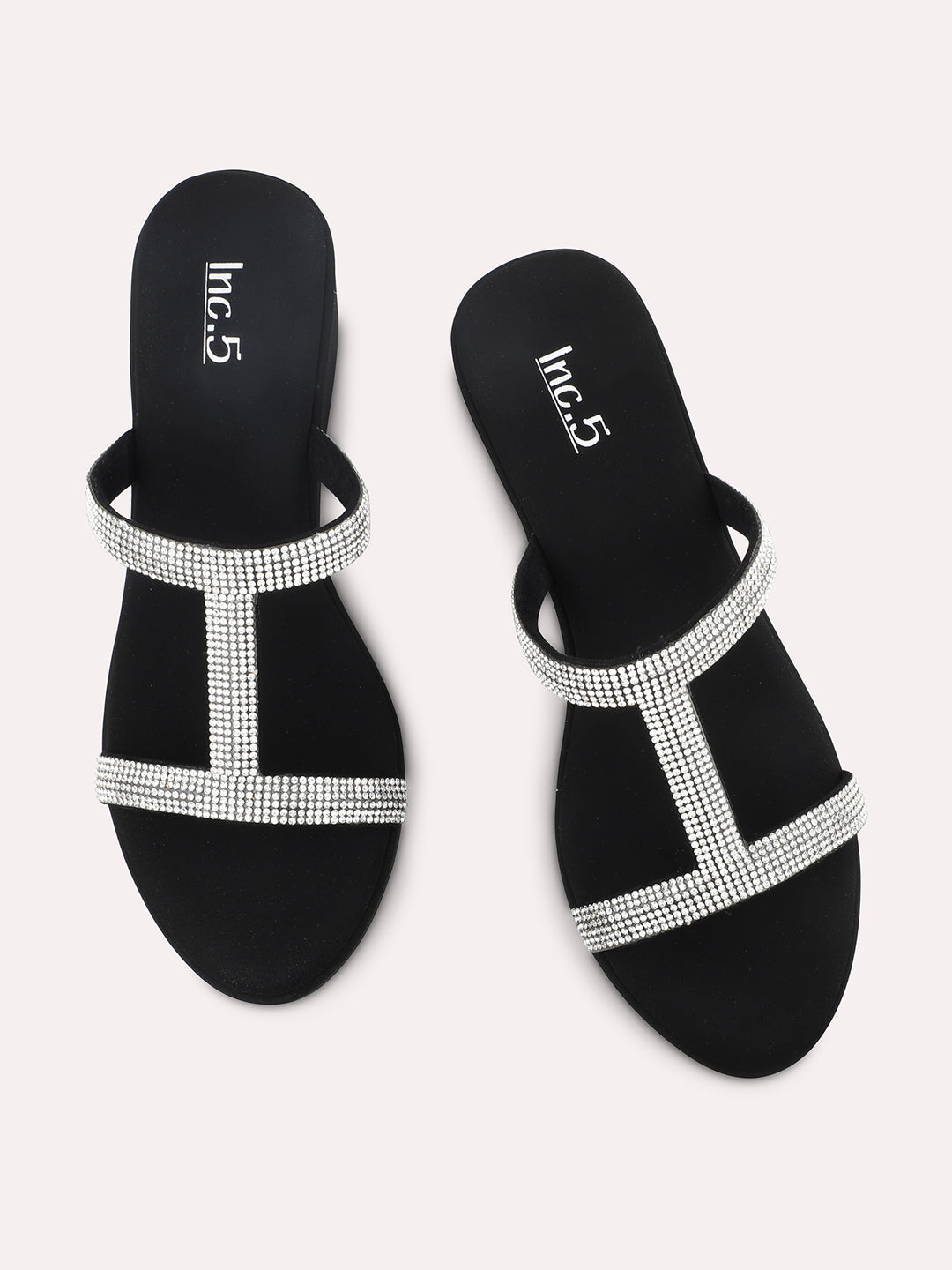 Women Silver-Toned & Black Embellished Open Toe Wedge Heels