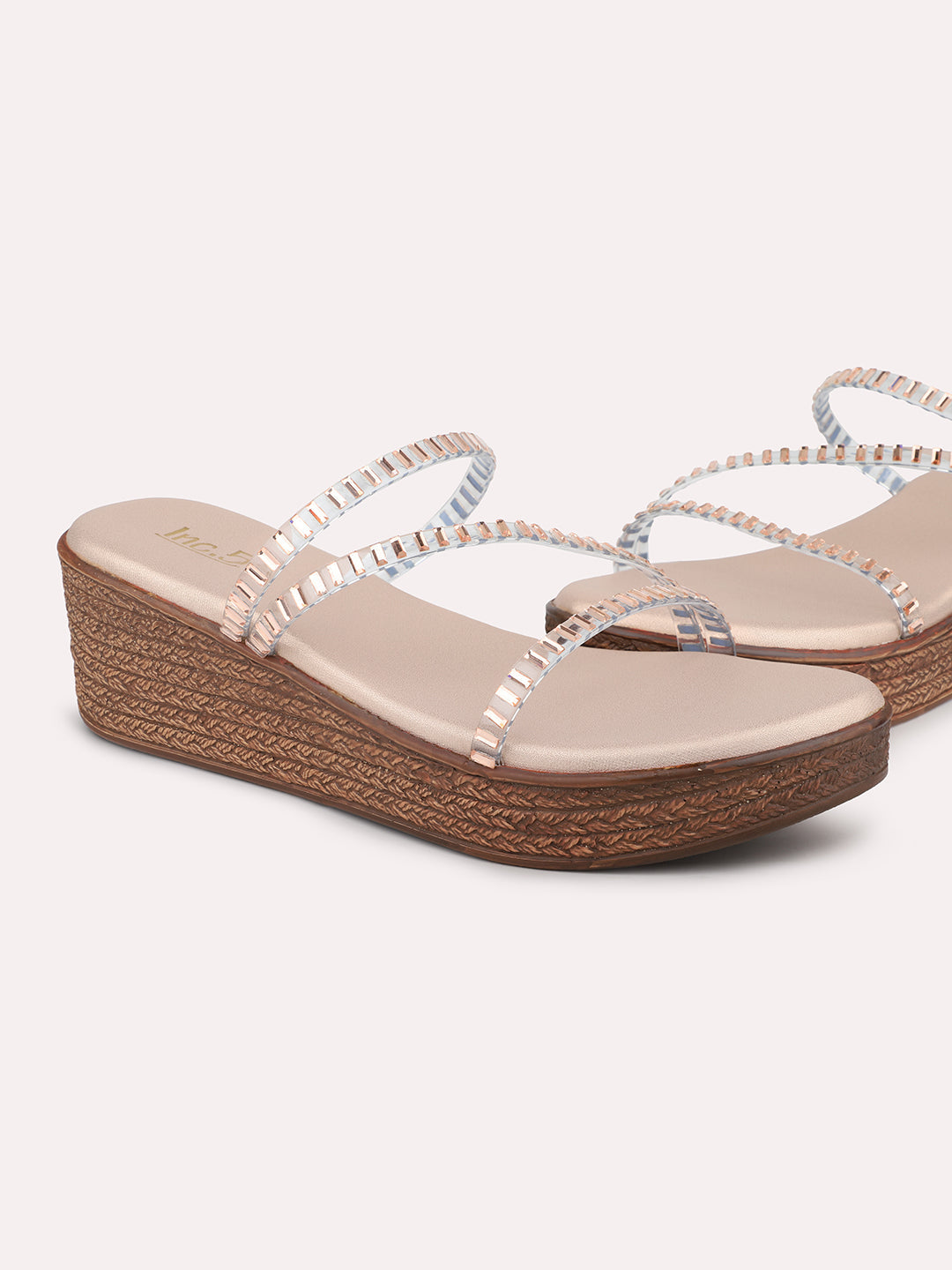 Women Rose Gold Embellished Wedges Heels