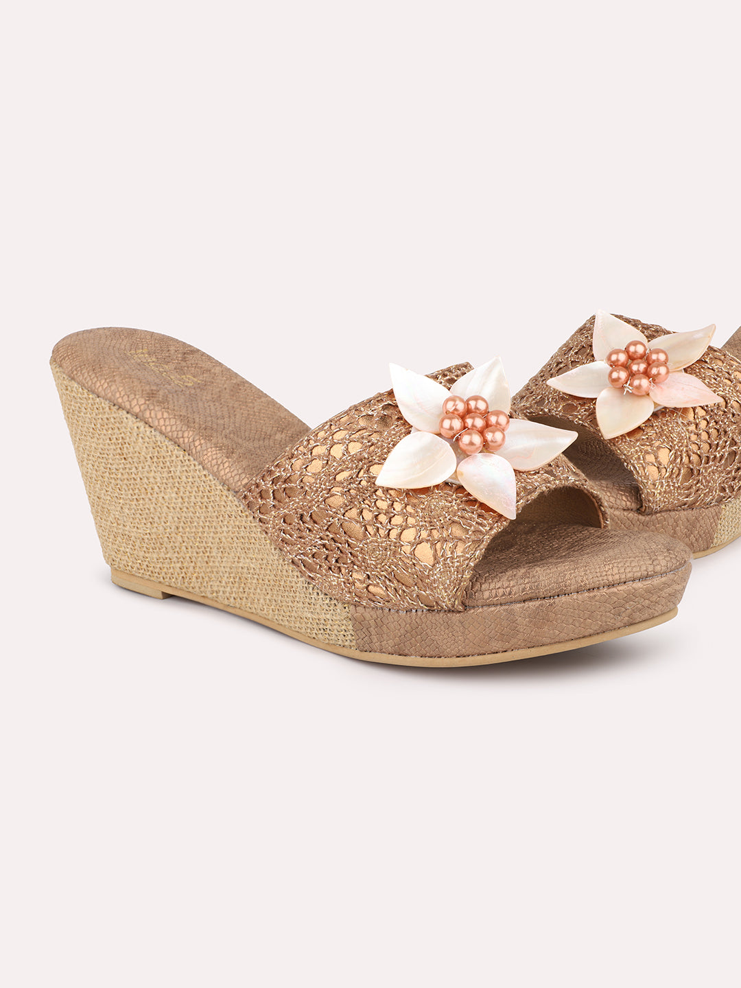 Women Antique Textured Party Jute Wedge Heels with Bows