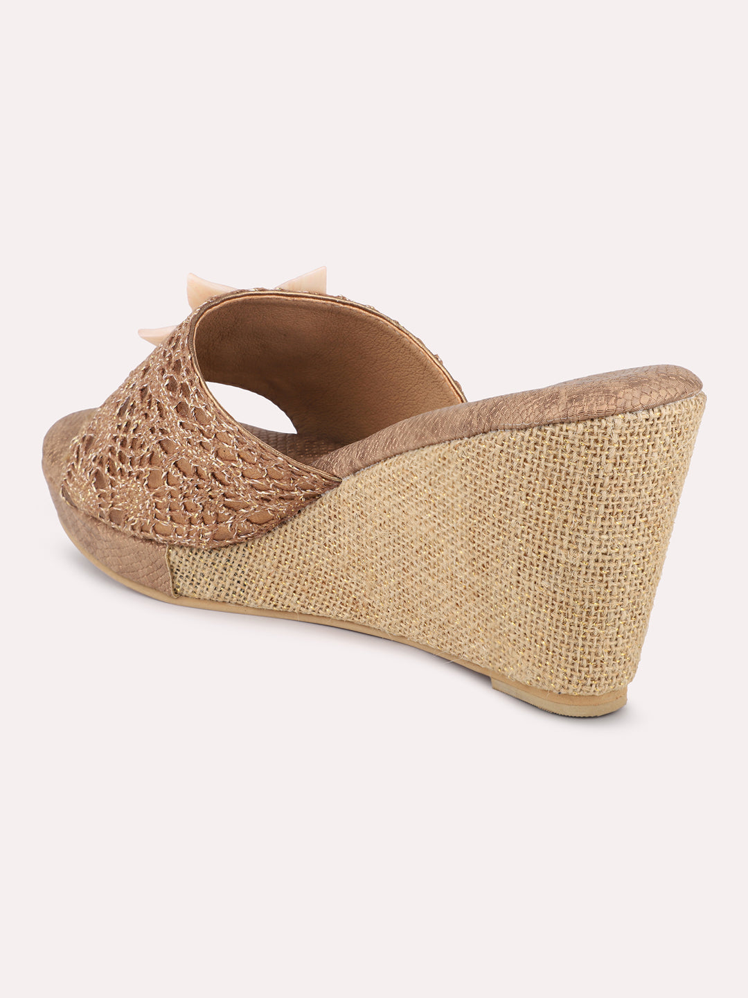 Women Antique Textured Party Jute Wedge Heels with Bows