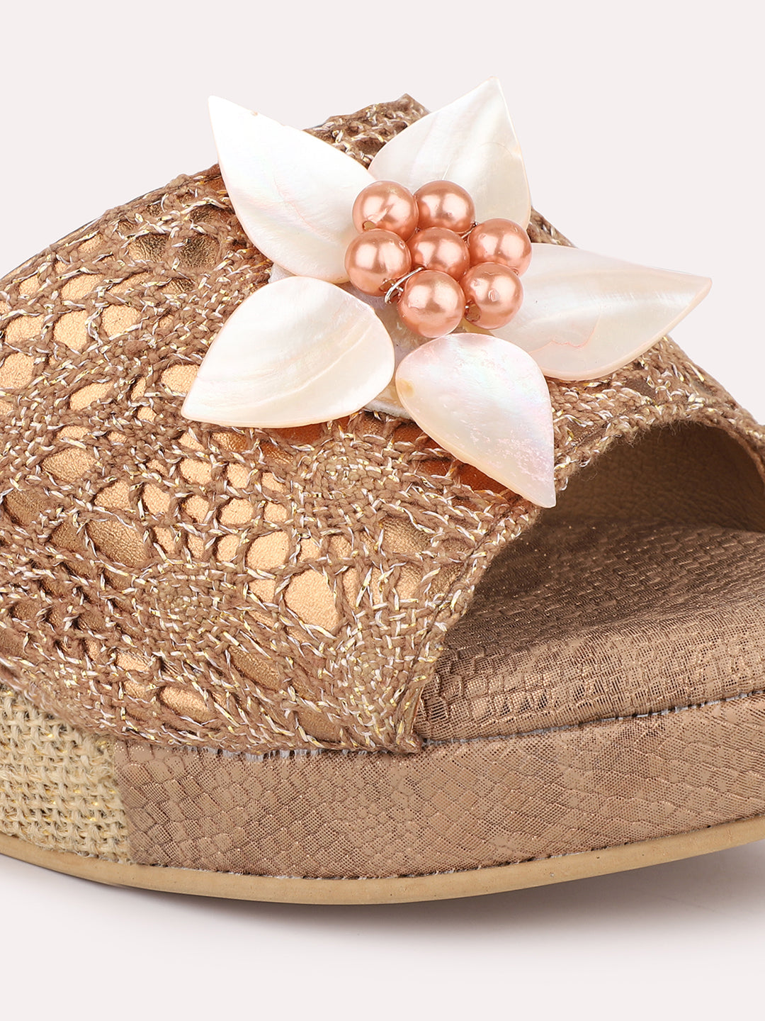 Women Antique Textured Party Jute Wedge Heels with Bows