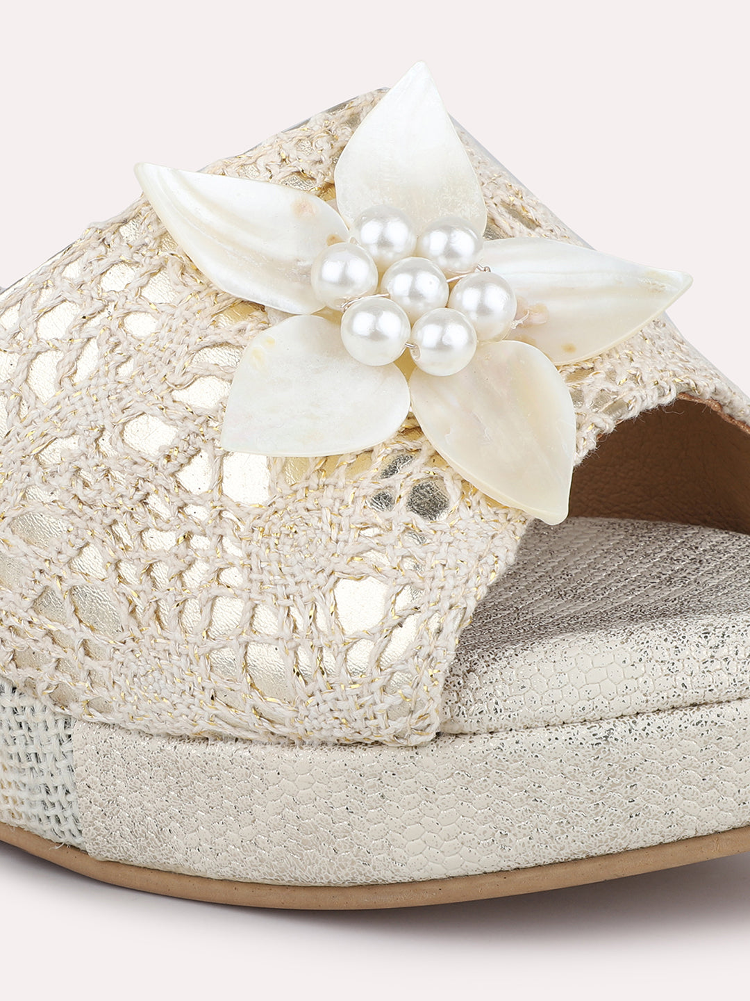 Women Gold Textured Party Jute Wedge Heels with Bows