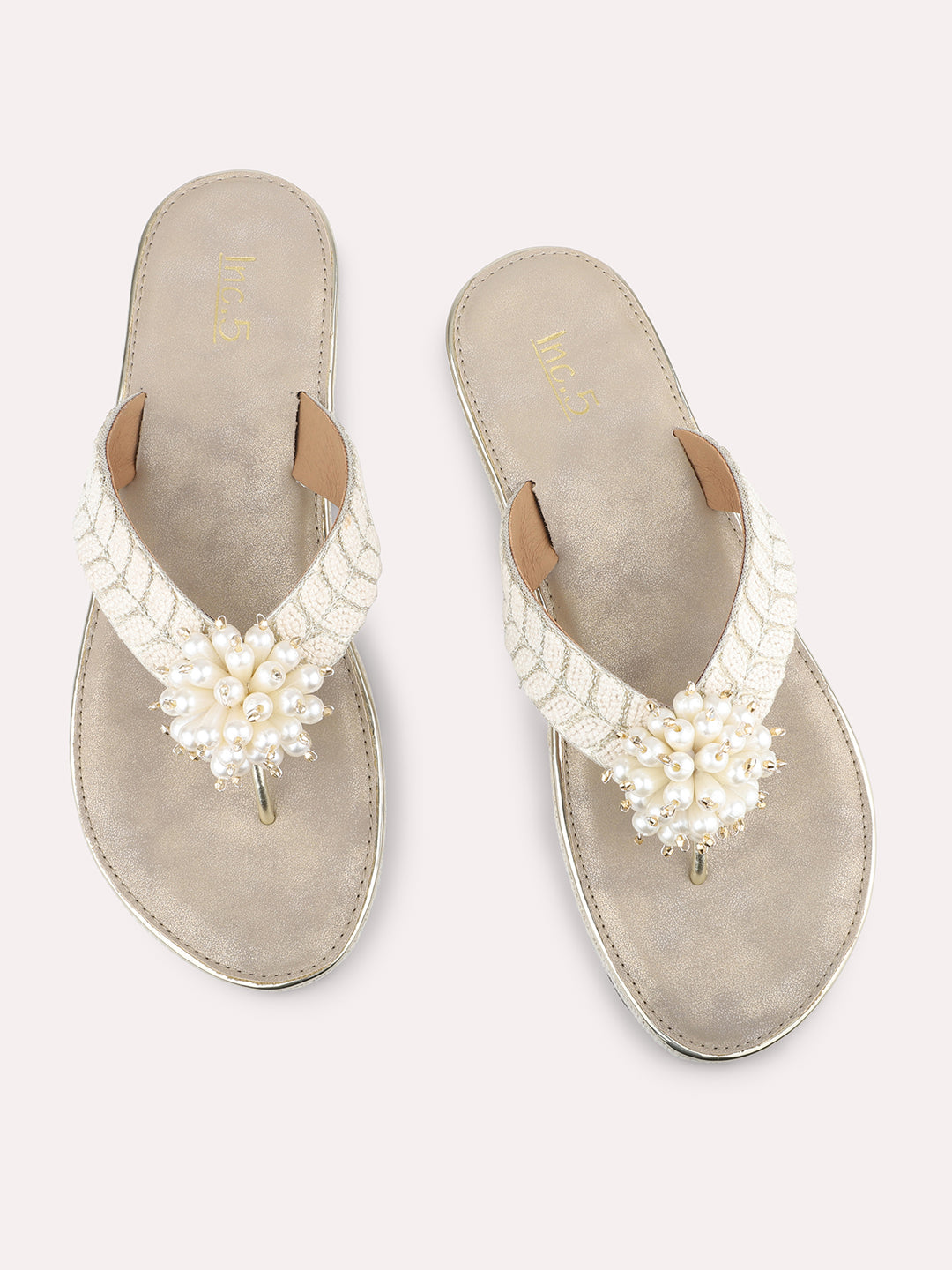 Women Gold Embroidered Embellished Open Toe Flats