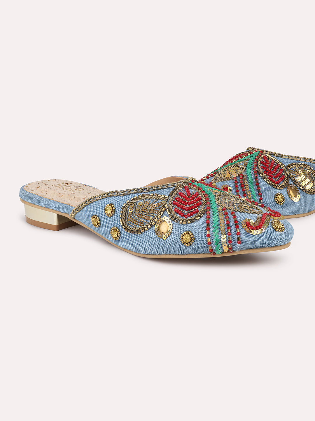 Women Blue Embroidered Round Toe Mules