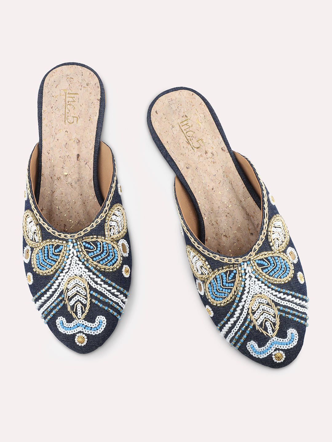 Women Navy Embroidered Round Toe Mules