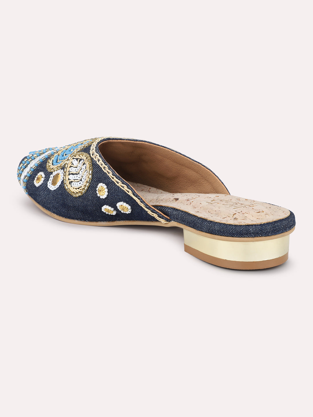 Women Navy Embroidered Round Toe Mules