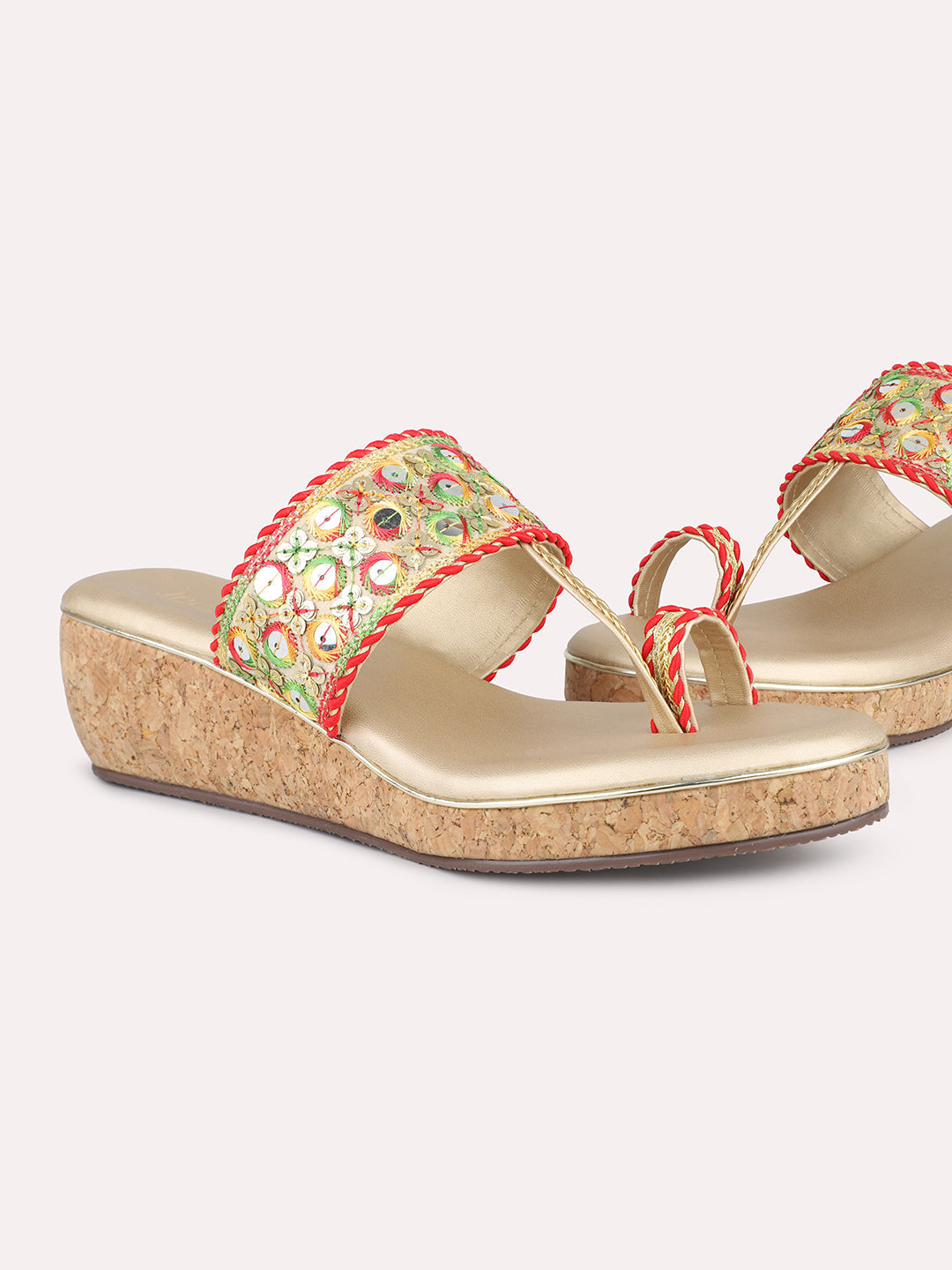 Women Gold Ethnic Embellished Toe-Ring Wedges