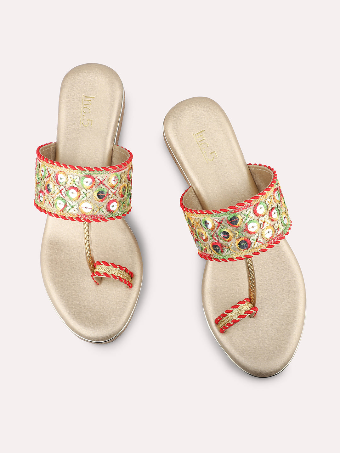 Women Gold Ethnic Embellished Toe-Ring Wedges