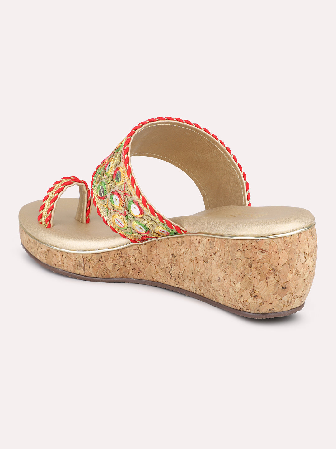 Women Gold Ethnic Embellished Toe-Ring Wedges