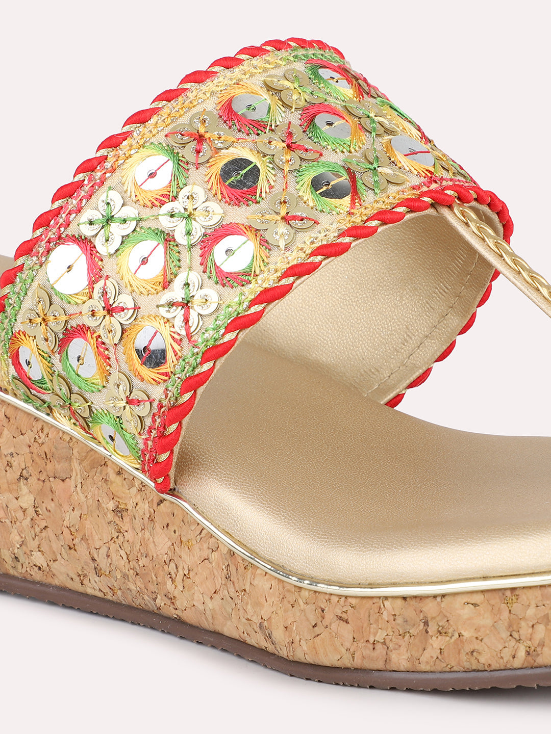 Women Gold Ethnic Embellished Toe-Ring Wedges