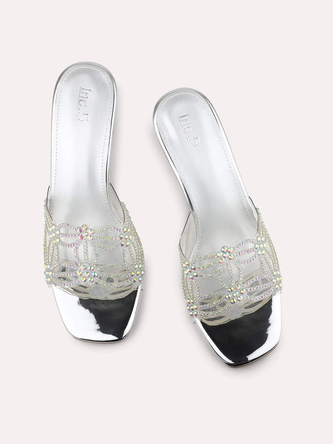 Women Silver Embellished Party Block Heels