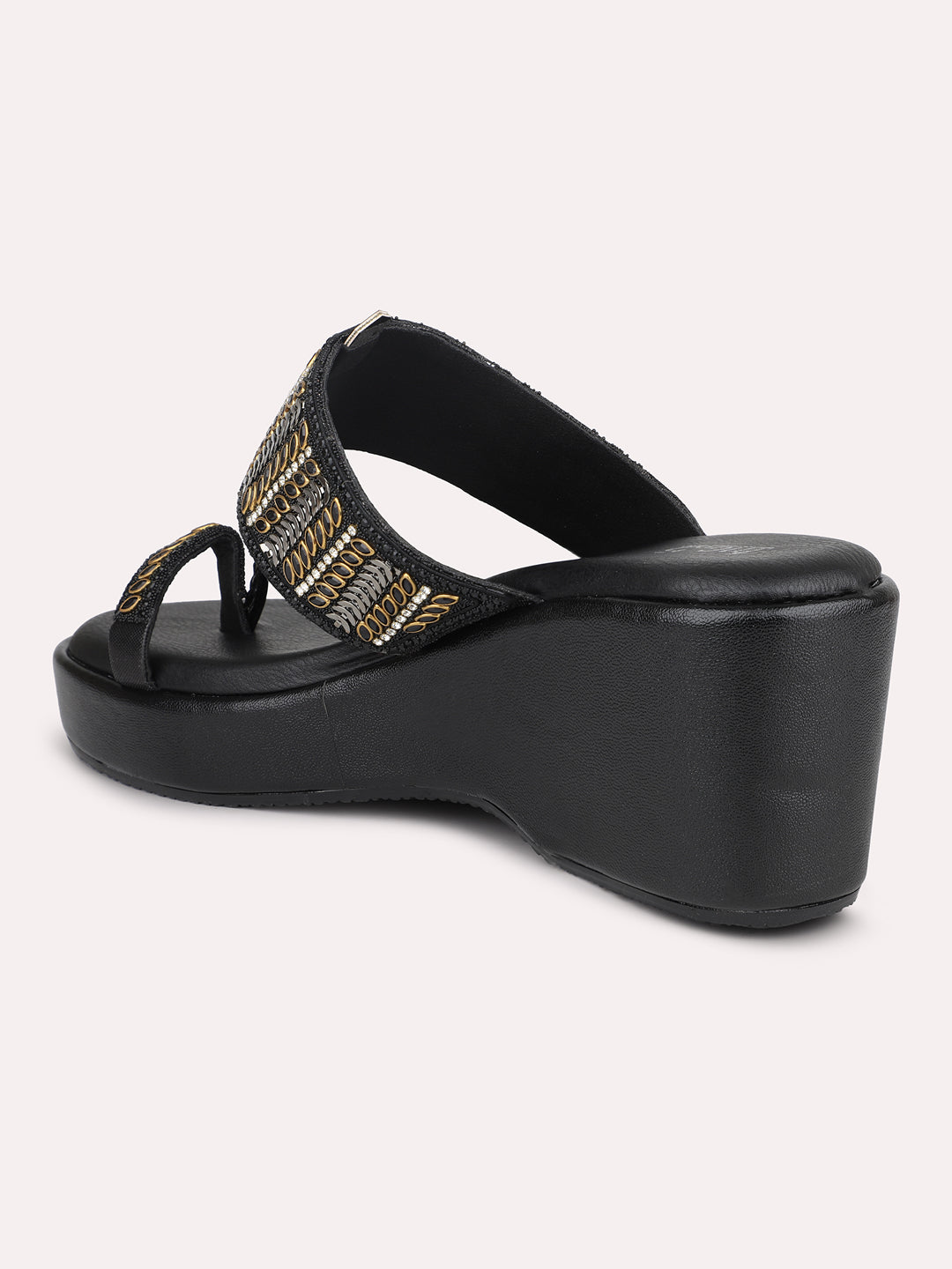 Women Black Embellished One Toe Wedges