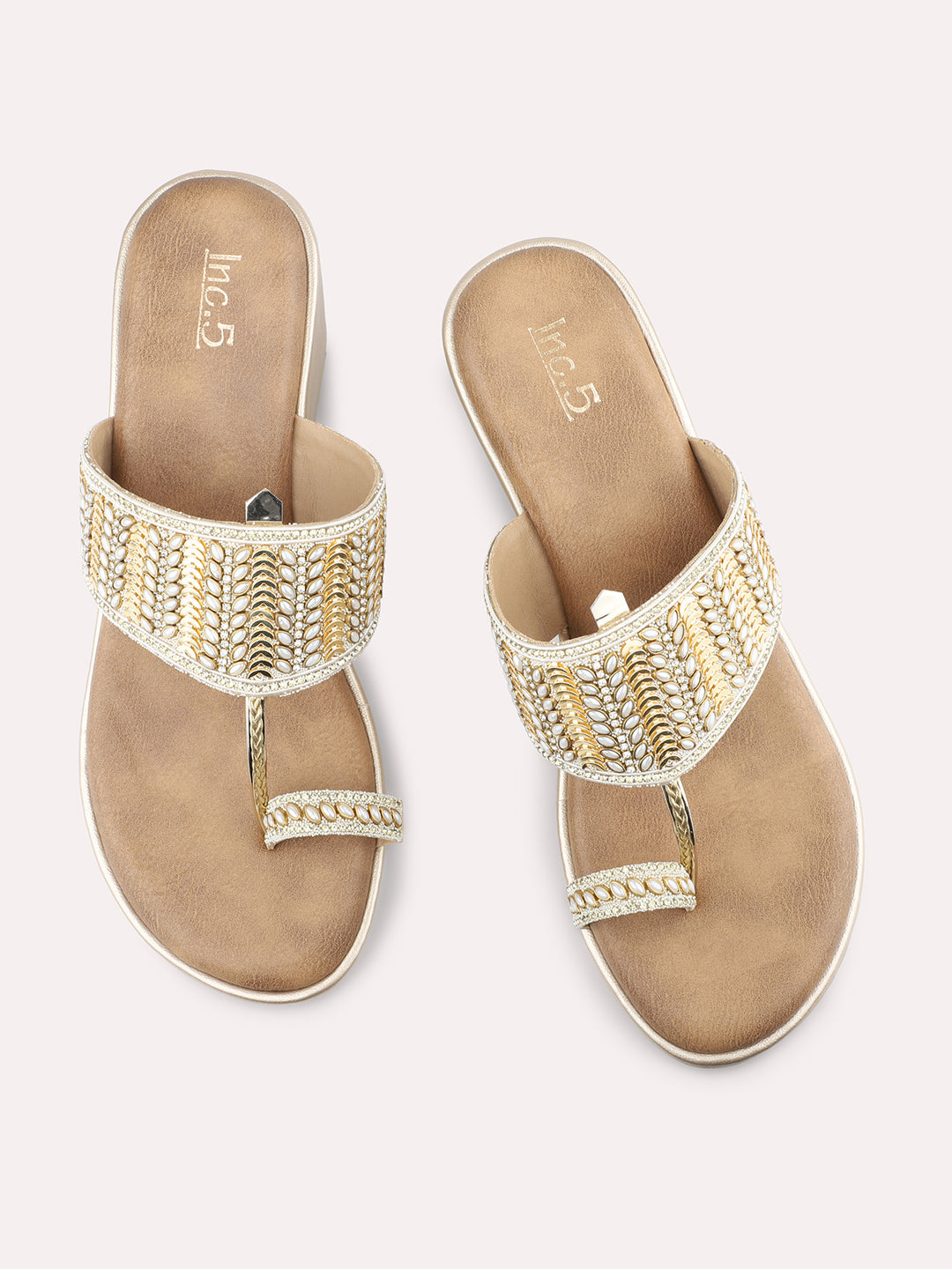 Women Gold Embellished One Toe Wedges