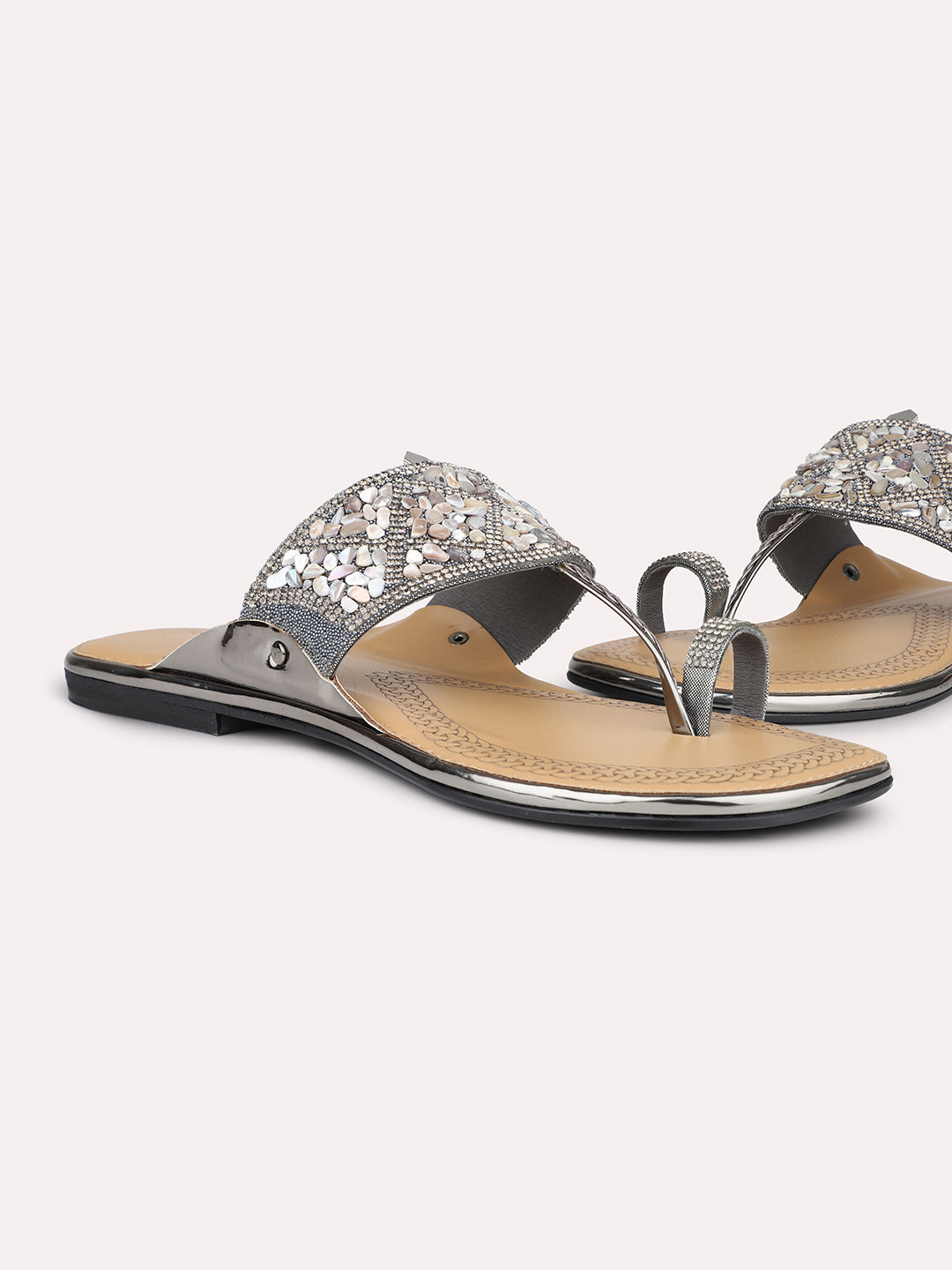 Women Pewter Ethnic Embellished One Toe Flats