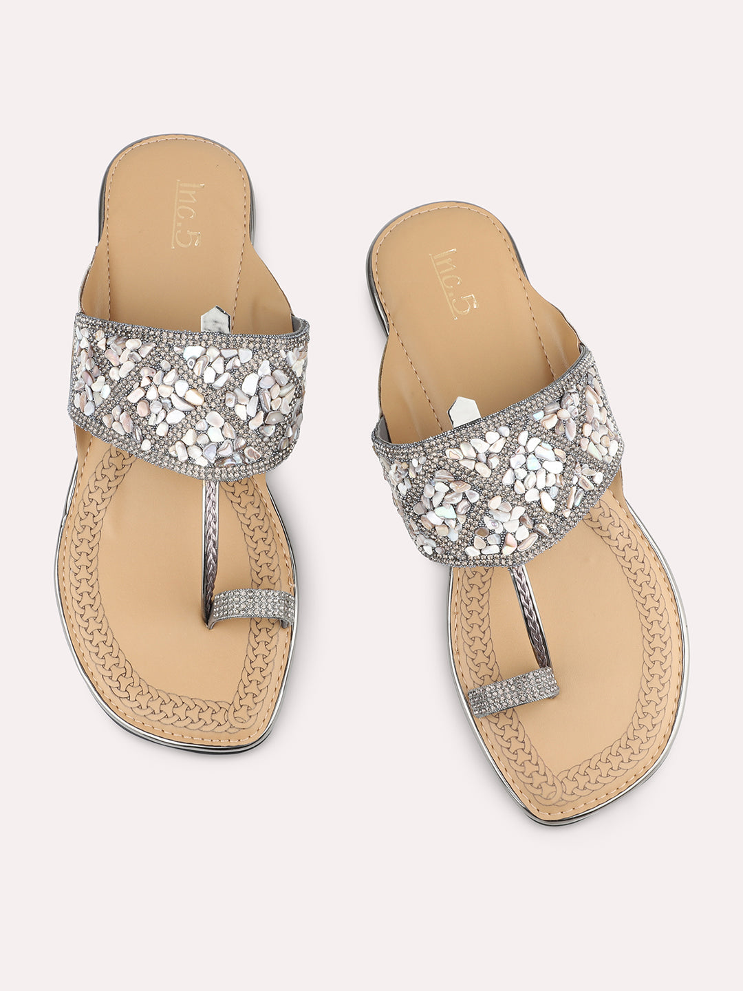 Women Pewter Ethnic Embellished One Toe Flats