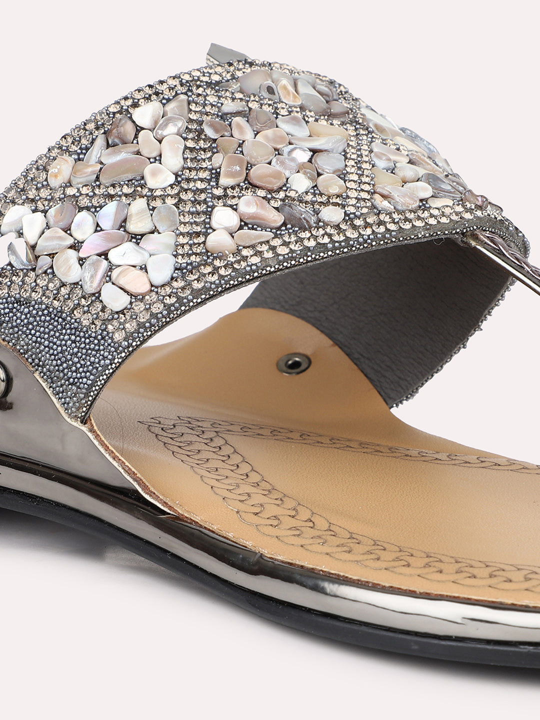 Women Pewter Ethnic Embellished One Toe Flats