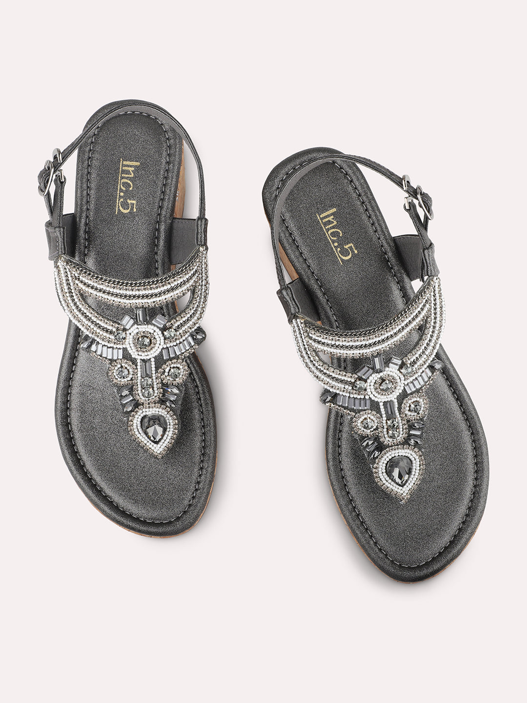 Women Pewter Ethnic Embellished Wedges with Buckle Closure