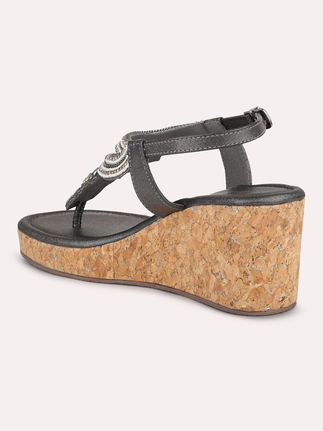 Women Pewter Ethnic Embellished Wedges with Buckle Closure