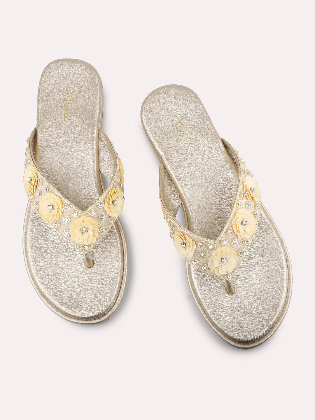 Women Gold Embellished Thong-Strap Sandals