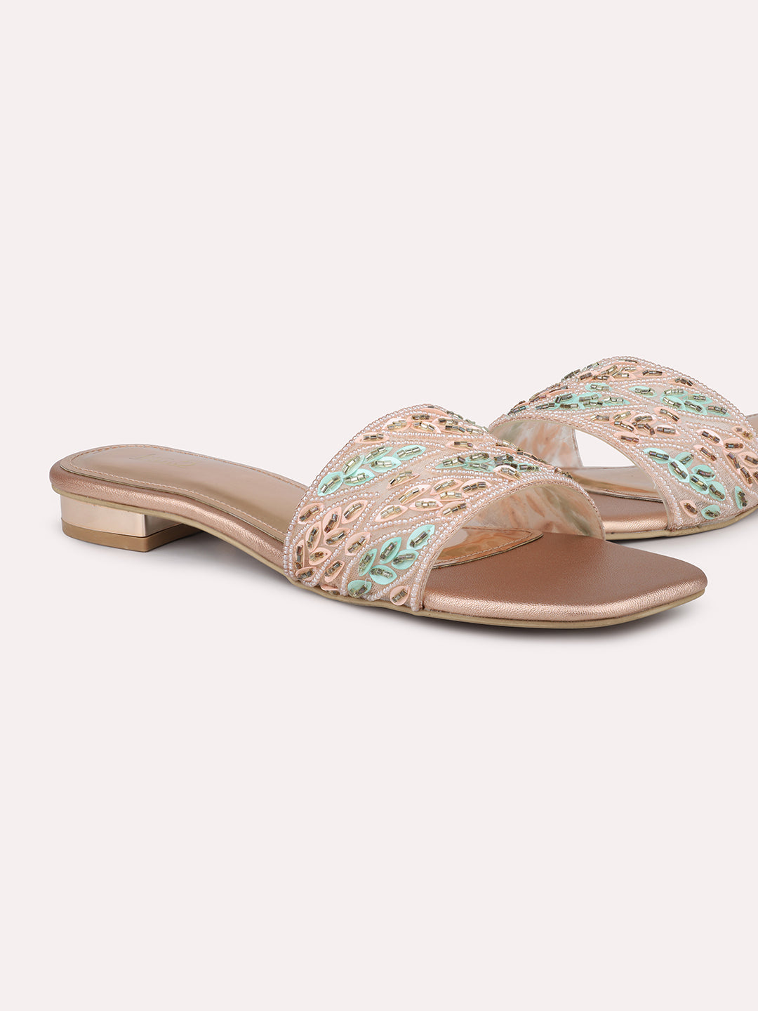 Women Rose Gold Ethnic Embroidered Open Toe Flats