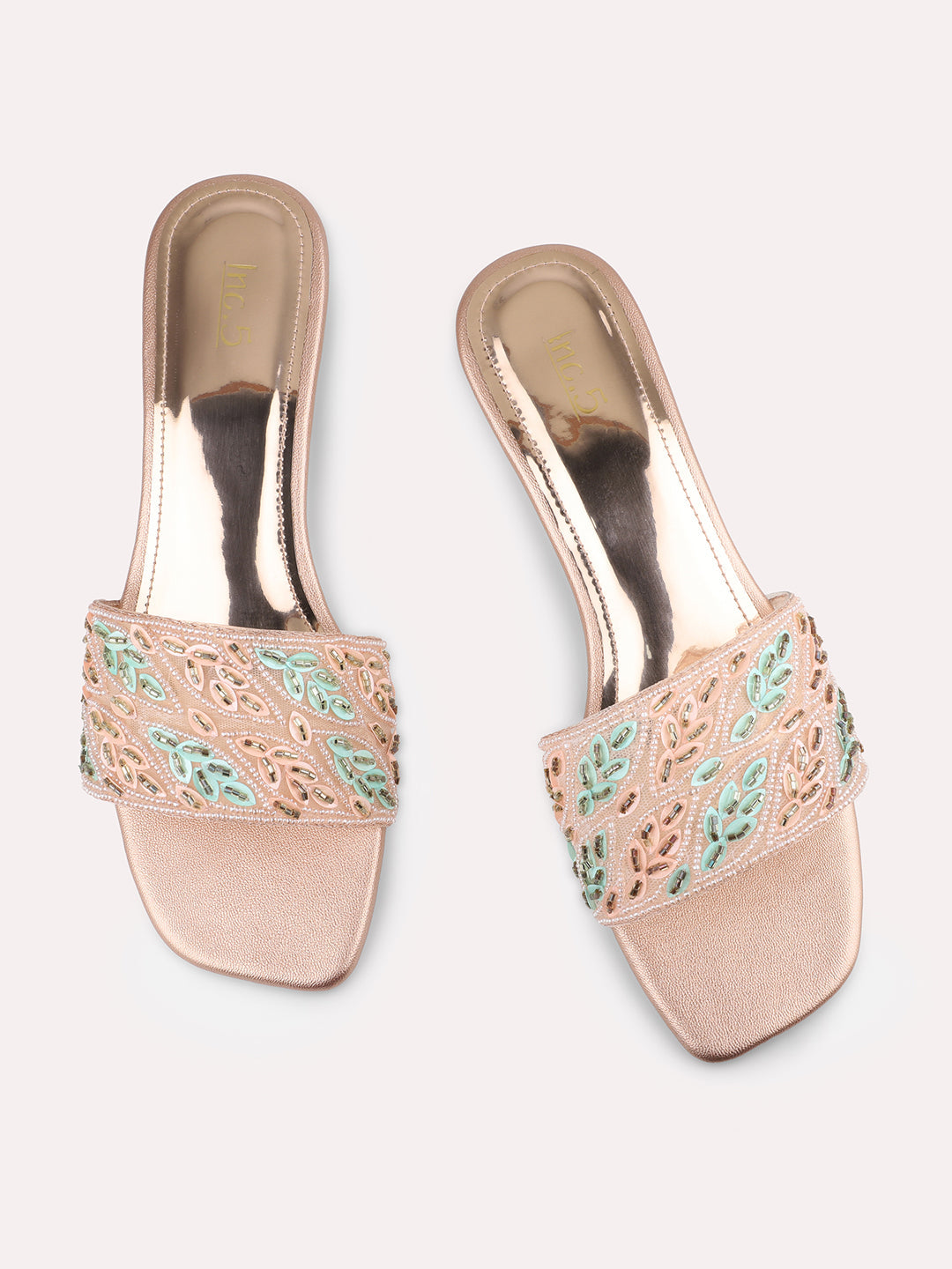 Women Rose Gold Ethnic Embroidered Open Toe Flats