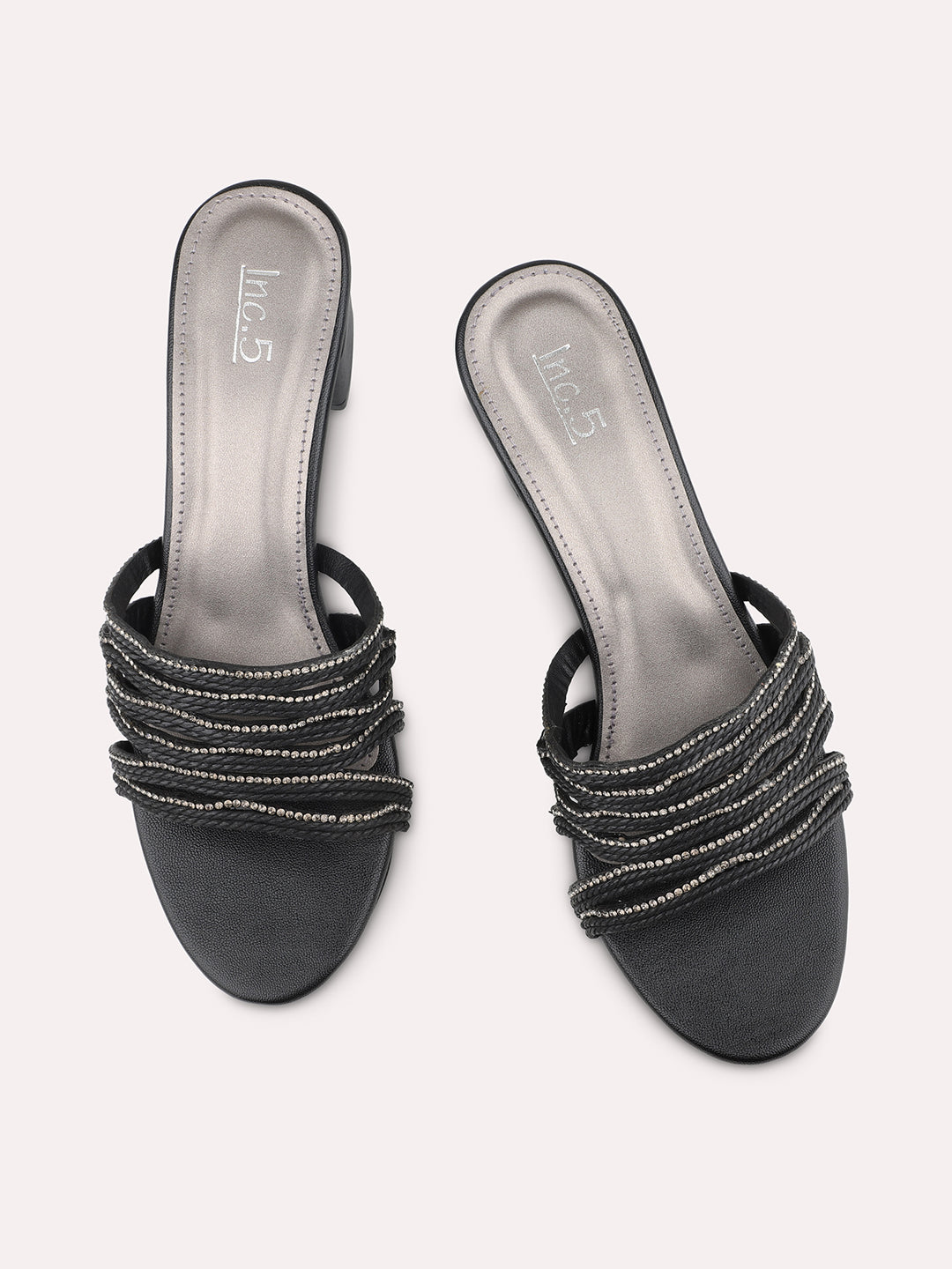 Women Black Embellished Open Toe Block Heels