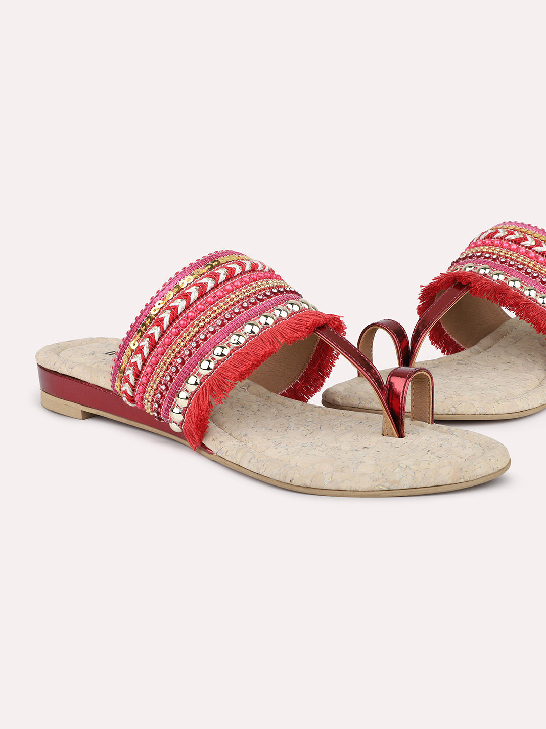 Women Maroon Ethnic Embroidered One Toe Flats