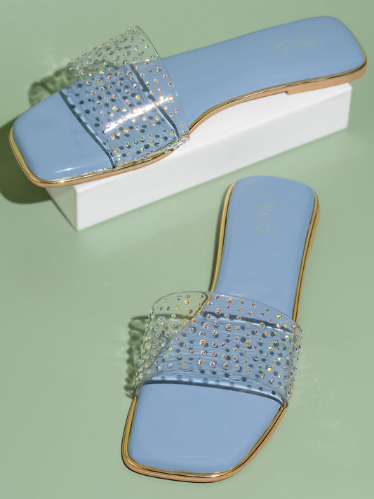 Women Blue Transparent Embellished Open Toe Flats