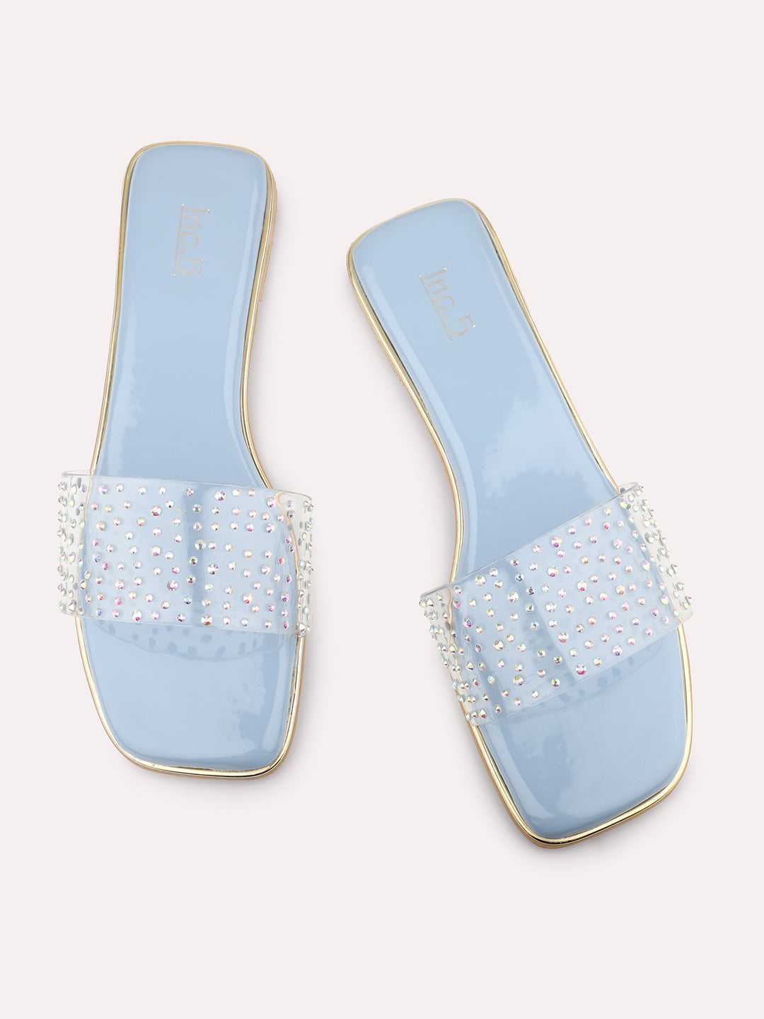 Women Blue Transparent Embellished Open Toe Flats