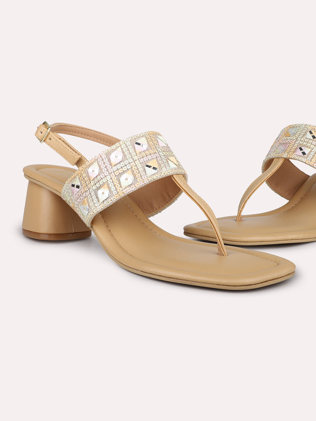 Women Beige Ethnic T-Strap Block Heels