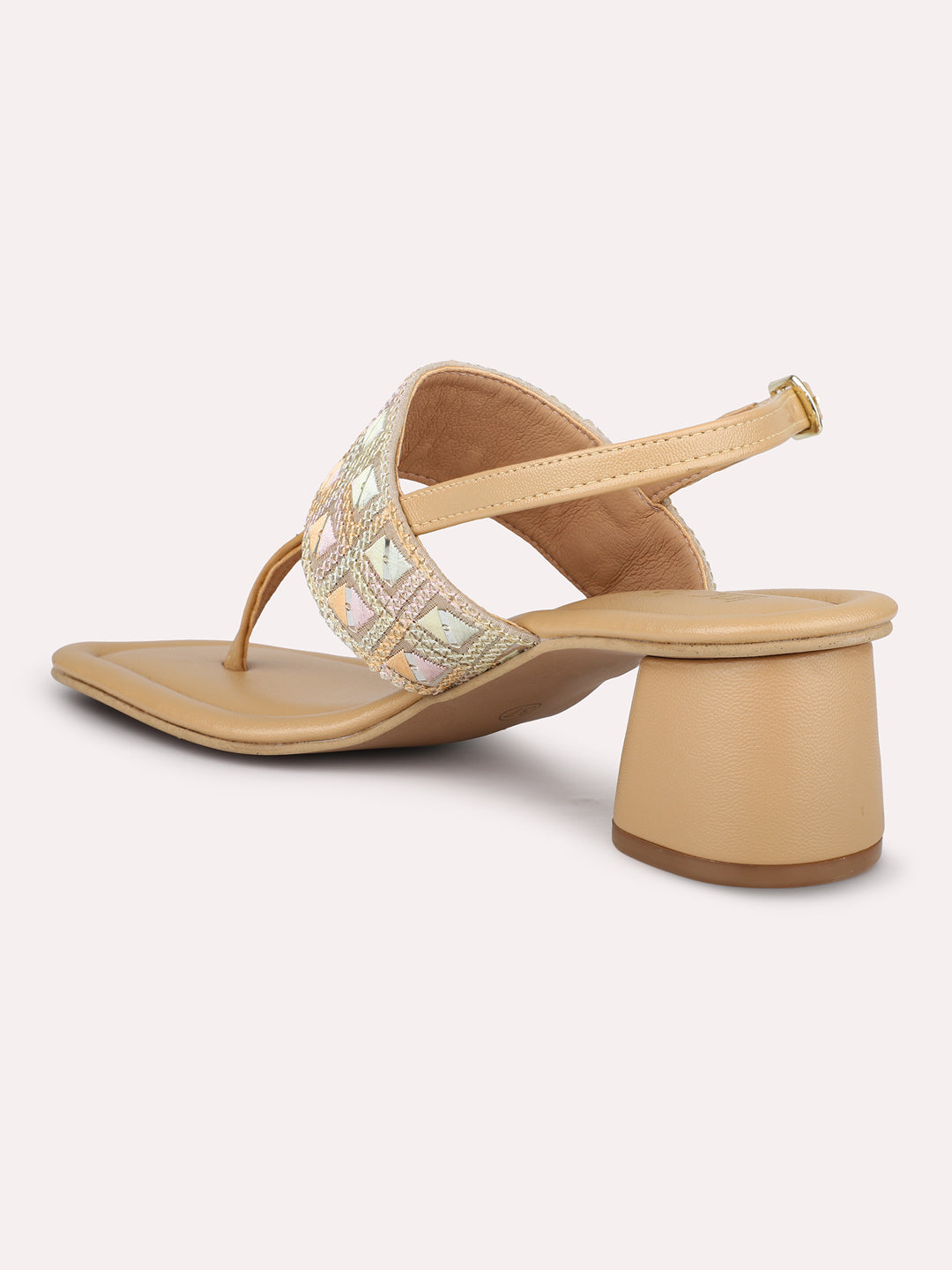 Women Beige Ethnic T-Strap Block Heels