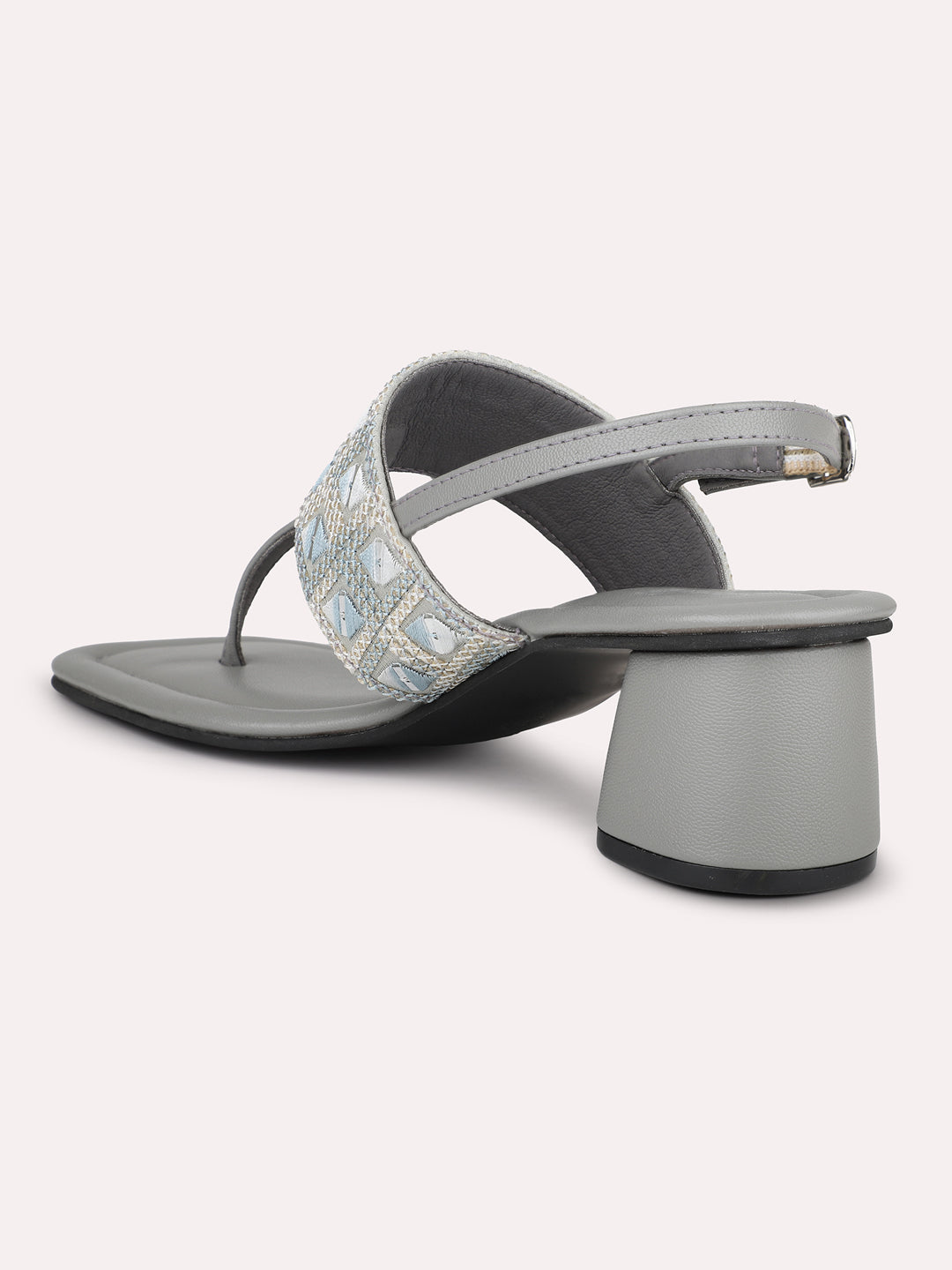 Women Grey Ethnic T-Strap Block Heels