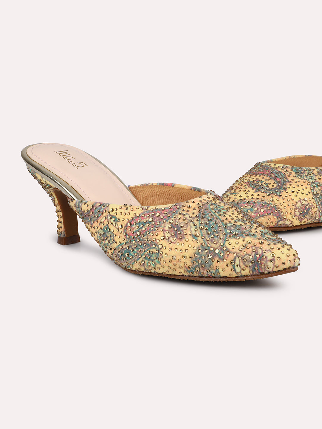Women Tan & Gold-Toned Multicoloured Printed Slim Heel Mules
