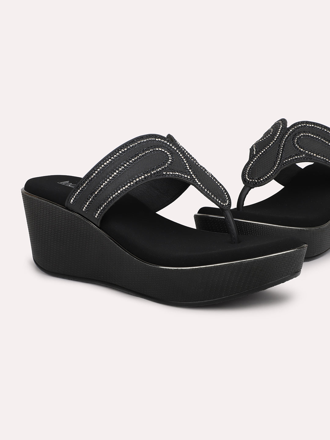 Women Black & Silver-Toned Embellished Open Toe Wedge Heel