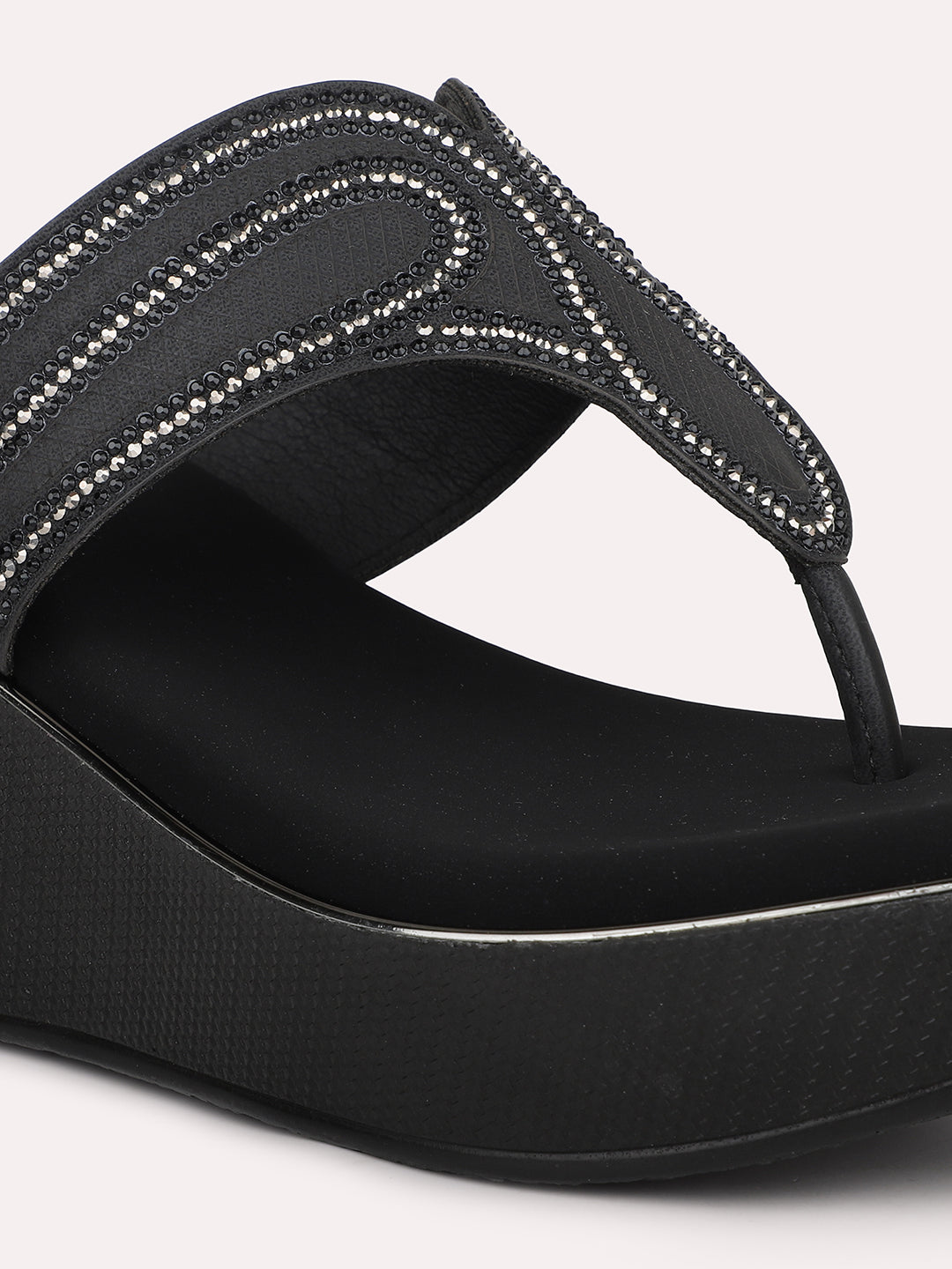 Women Black & Silver-Toned Embellished Open Toe Wedge Heel