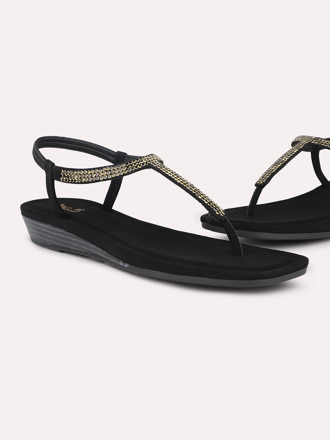 Women Black And Gold-Toned Embellished Open Toe T-Strap Flats